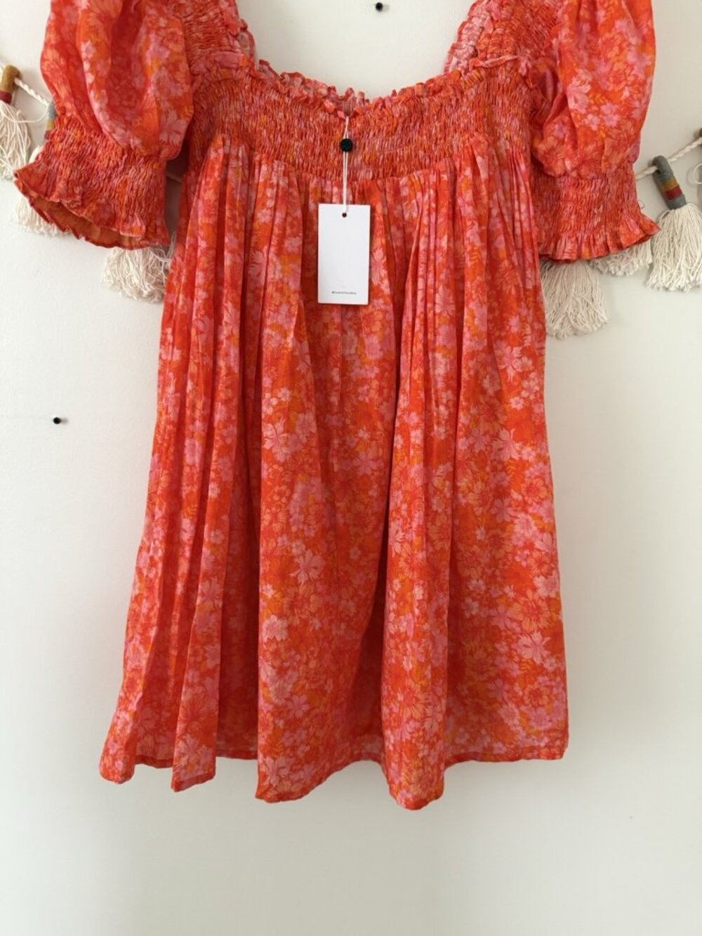 Lovers + Friends Reston Mitzy Ditsy Floral Smocked Mini Dress Orange Feminine M - Picture 9 of 11